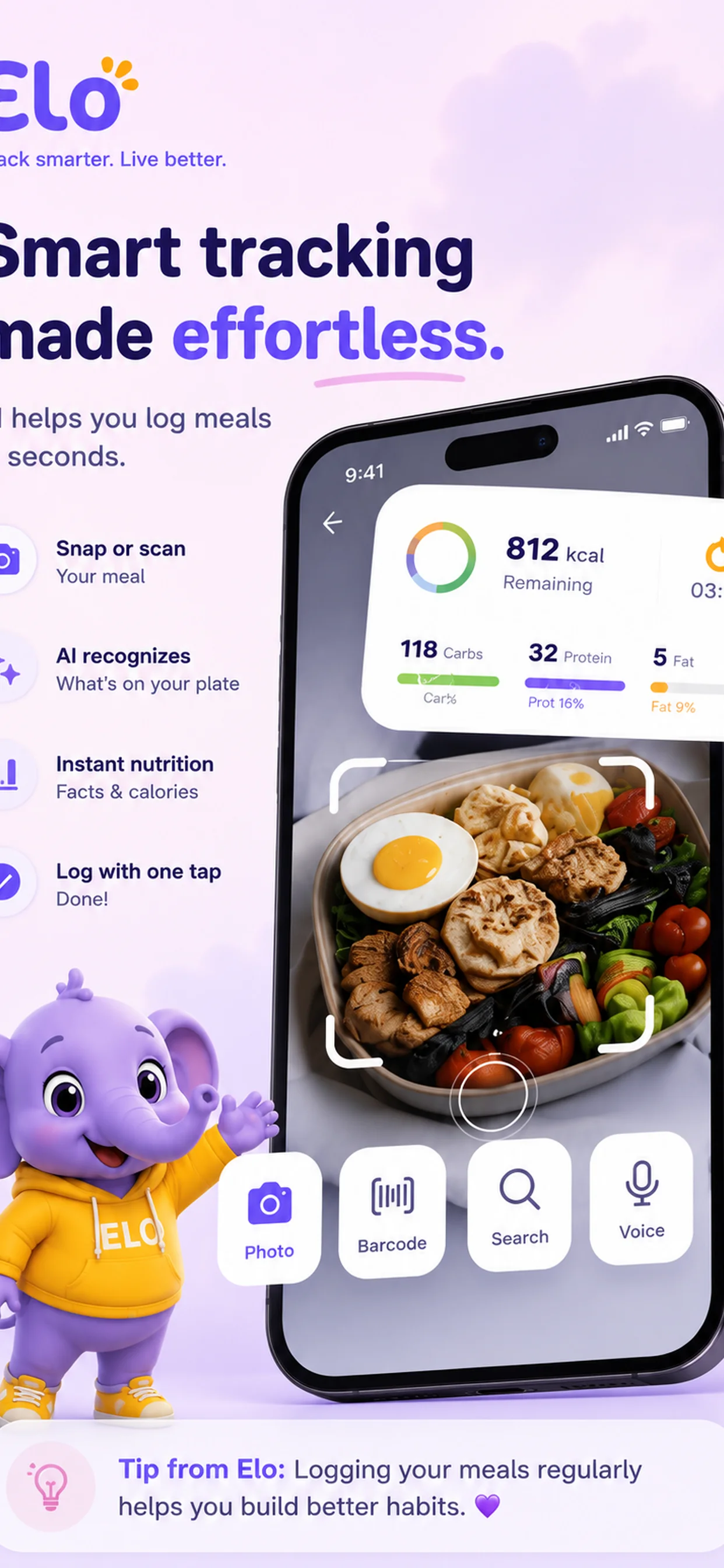 Your day, understood: Elo brings meals, water, sleep and activity into one calm view.