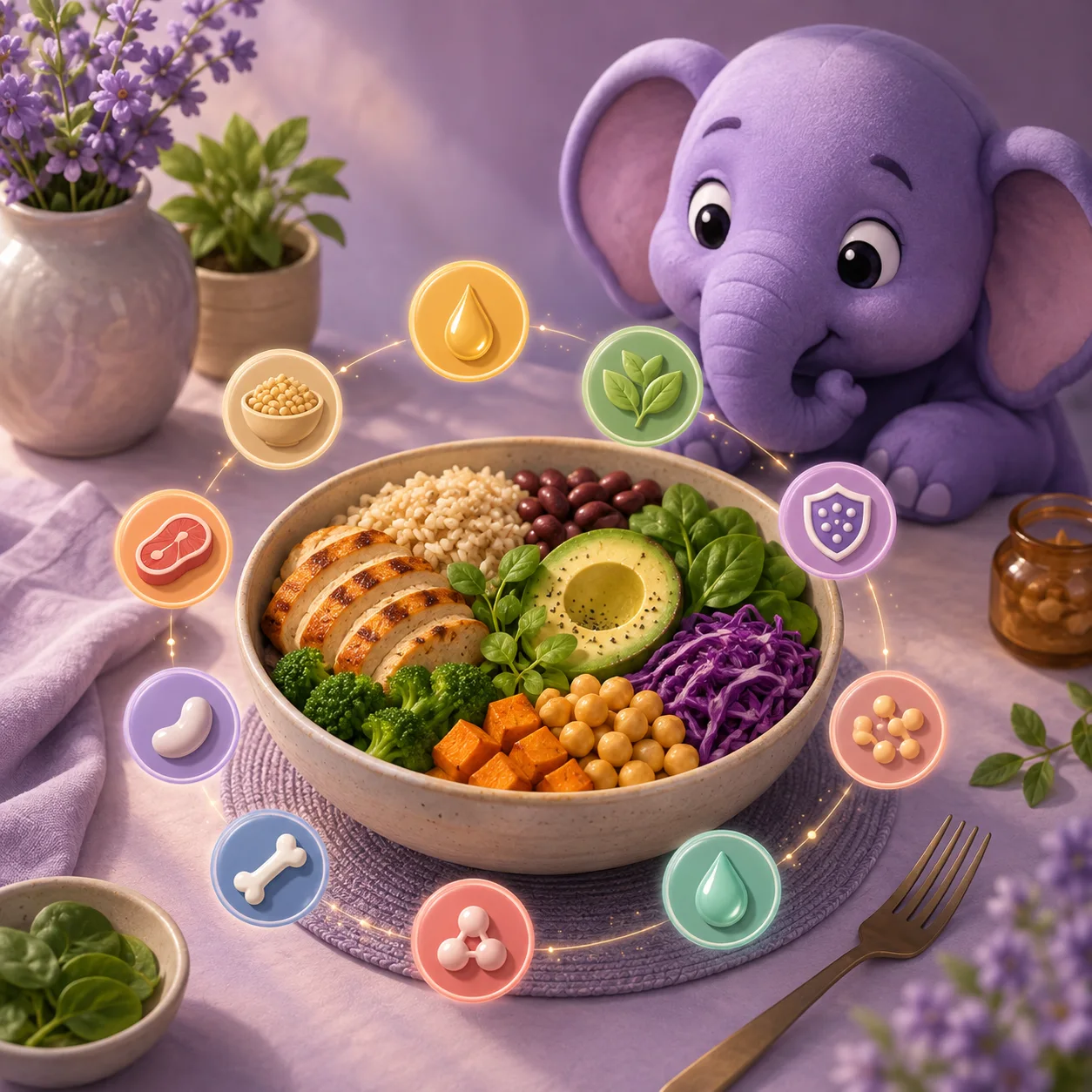 Meal surrounded by nutrition symbols and Elo companion