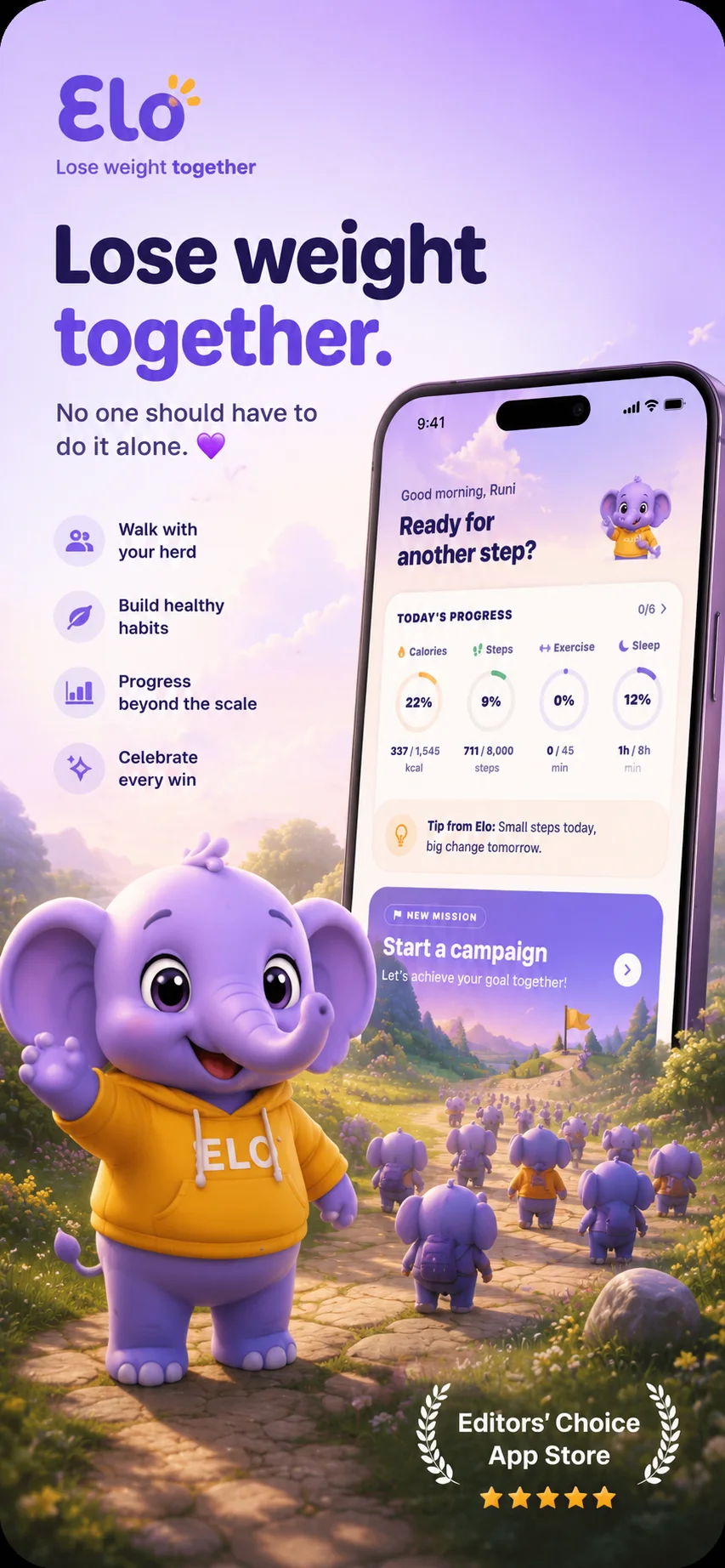 Elo's home screen: the elephant companion in a warm purple world, with the day's meals, water and movement shown as gentle progress rather than a calorie verdict.